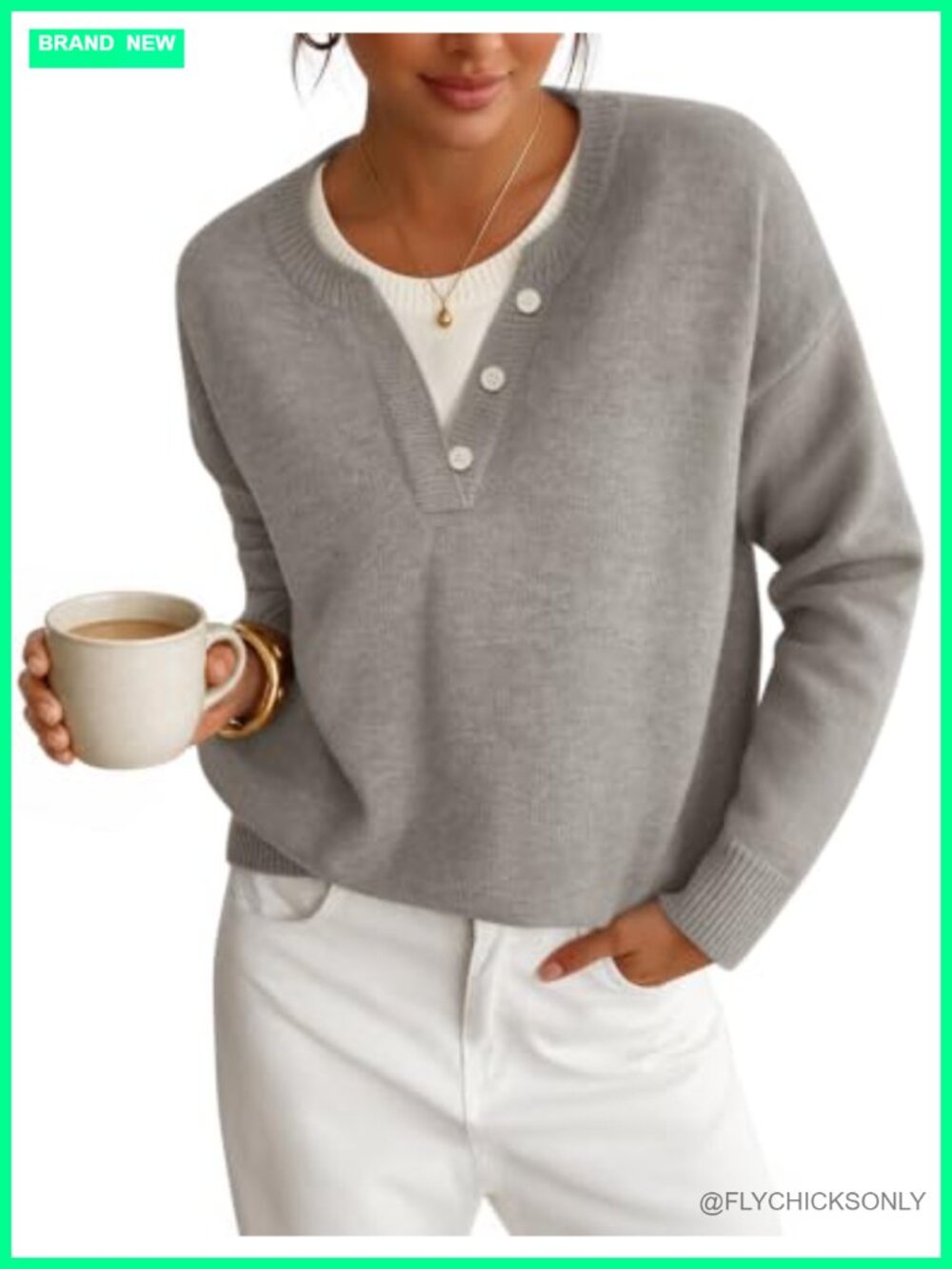 Oversized Henley Neck Sweater Faux Layered Knit Pullover